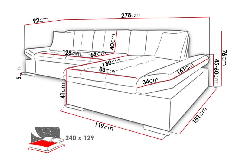 Sovesofa m. Divan Beraka L-formet - Møbler - Sofaer - Sovesofaer - Sovesofa divan