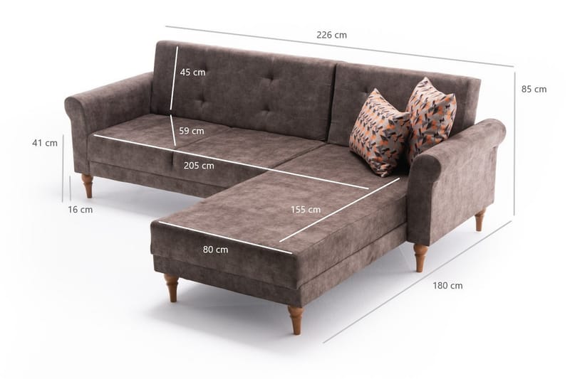 Sovesofa m. Divan Colombia 4-seters 205x180 - Brun - Møbler - Sofaer - Sovesofaer - Sovesofa divan