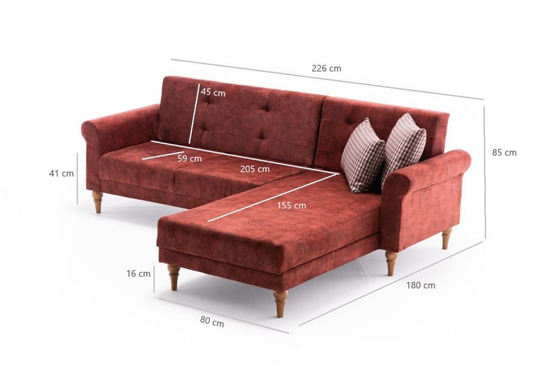 Sovesofa m. Divan Colombia 4-seters 205x180 - Rød - Møbler - Sofaer - Sovesofaer - Sovesofa divan