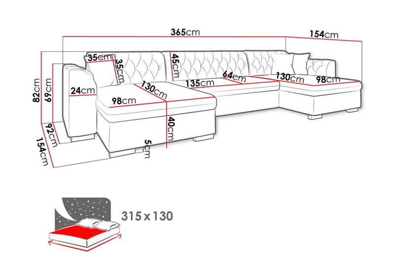 Sovesofa med divan - Rød - Møbler - Sofaer - Sovesofaer - Sovesofa divan