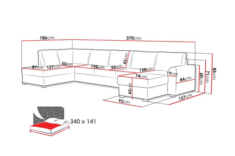 U-sovesofa Willhem Stor Høyre - Svart - Møbler - Sofaer - Sovesofaer - Sovesofa divan