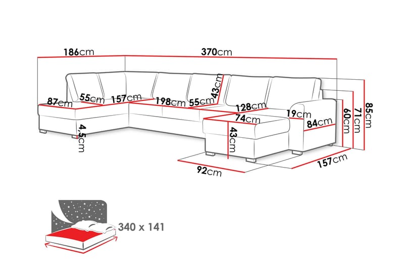 Taberk Sofa med Sjeselong og Divan 5-seter - Lys grå - Møbler - Sofaer - U-sofa