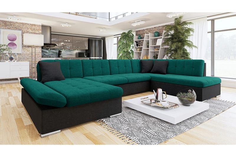 Zumar Sofa med Sjeselong og Divan 4-seter - Svart/Grønn - Møbler - Sofaer - Sofaer med sjeselong - 4 seters sofa med divan