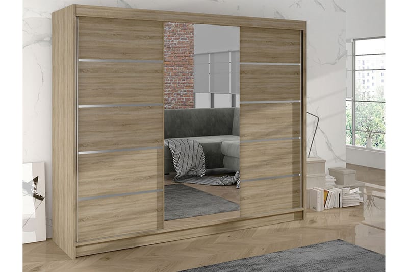 Cyria Garderobe med romslig Oppbevaring og Skyvedører med Speil 200x215 cm - Beige - Oppbevaring - Garderober & garderobesystem