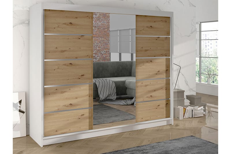 Cyria Garderobe med romslig Oppbevaring og Skyvedører med Speil 200x215 cm - Brun/Hvit - Oppbevaring - Garderober & garderobesystem