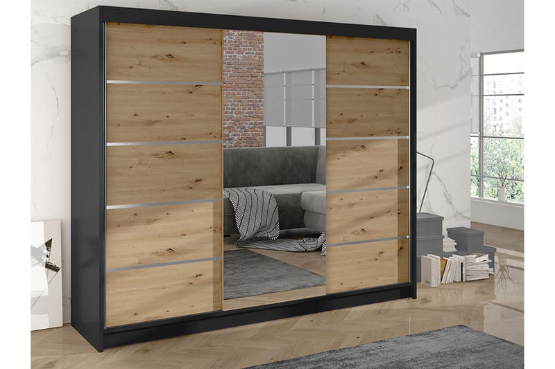 Cyria Garderobe med romslig Oppbevaring og Skyvedører med Speil 200x215 cm - Brun/Svart - Oppbevaring - Garderober & garderobesystem