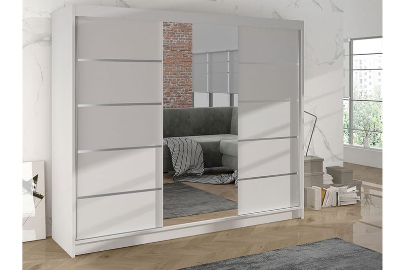 Cyria Garderobe med romslig Oppbevaring og Skyvedører med Speil 200x215 cm - Hvit - Oppbevaring - Garderober & garderobesystem