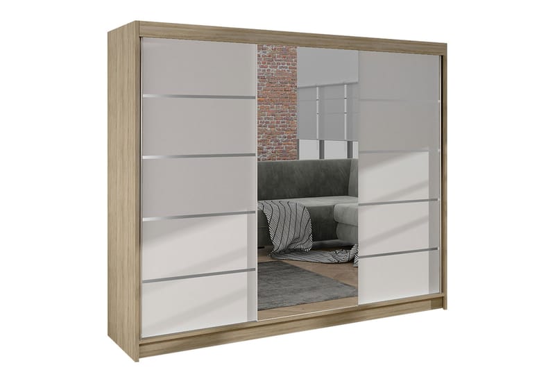 Cyria Garderobe med romslig Oppbevaring og Skyvedører med Speil 200x215 cm - Hvit/Beige - Oppbevaring - Garderober & garderobesystem