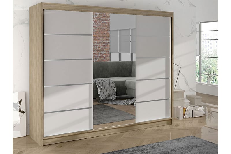 Cyria Garderobe med romslig Oppbevaring og Skyvedører med Speil 200x215 cm - Hvit/Beige - Oppbevaring - Garderober & garderobesystem