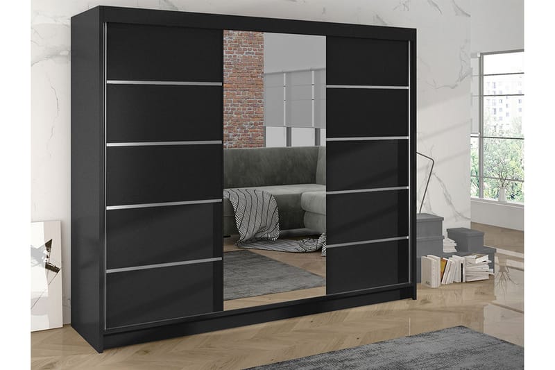 Cyria Garderobe med romslig Oppbevaring og Skyvedører med Speil 200x215 cm - Svart - Oppbevaring - Garderober & garderobesystem