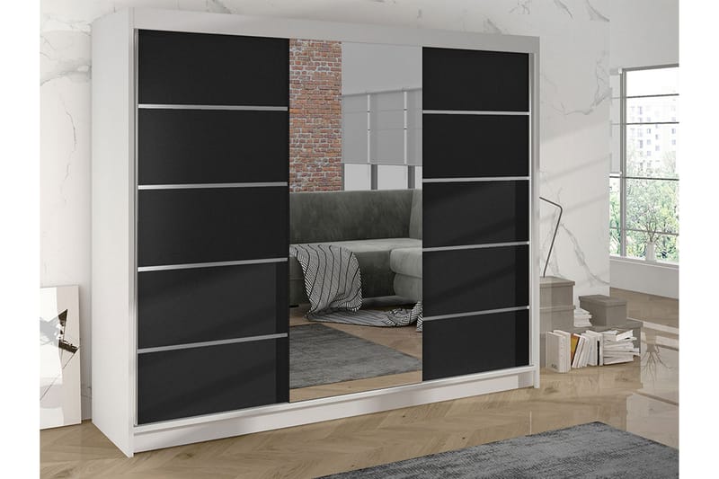 Cyria Garderobe med romslig Oppbevaring og Skyvedører med Speil 200x215 cm - Svart/Hvit - Oppbevaring - Garderober & garderobesystem