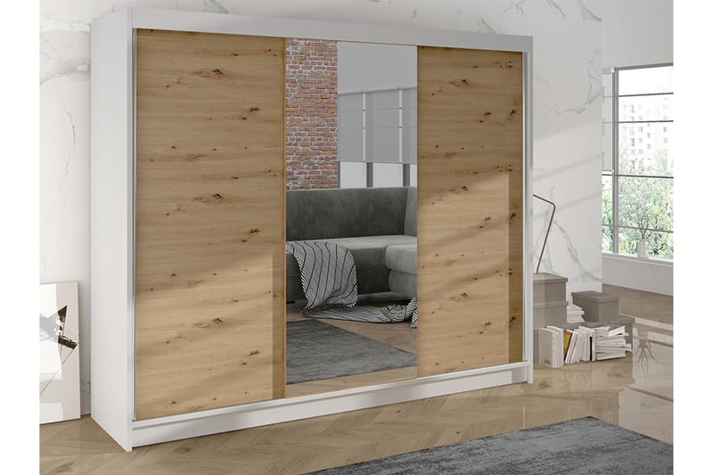 Garderobe med speil Cyria 200x215 cm - Brun/Hvit - Oppbevaring - Garderober & garderobesystem