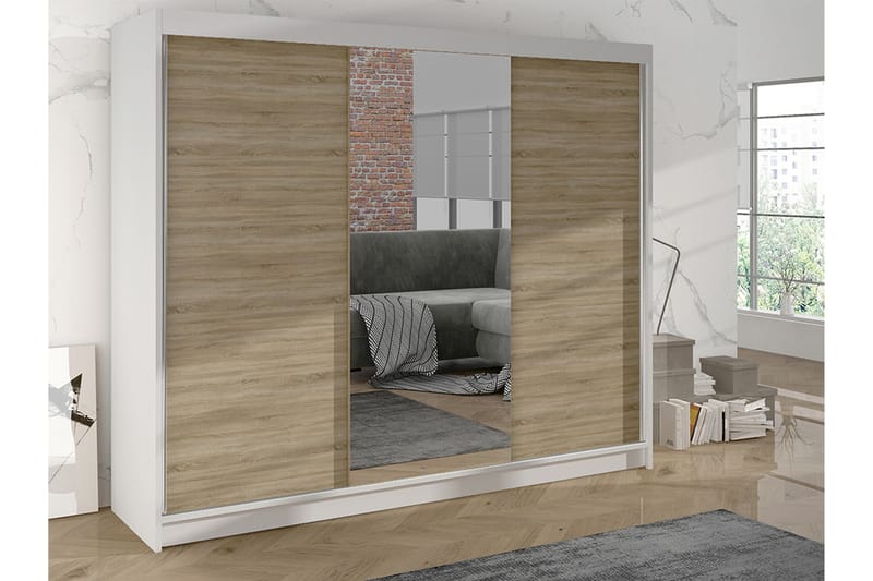 Garderobe med speil Cyria 200x215 cm - Brun/Hvit - Oppbevaring - Garderober & garderobesystem