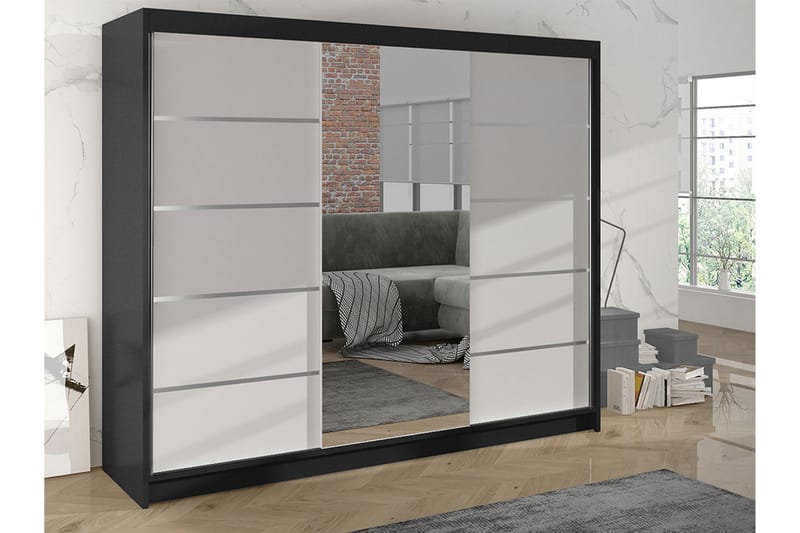 Garderobe med speil Cyria 200x215 cm - Hvit/Svart - Oppbevaring - Garderober & garderobesystem