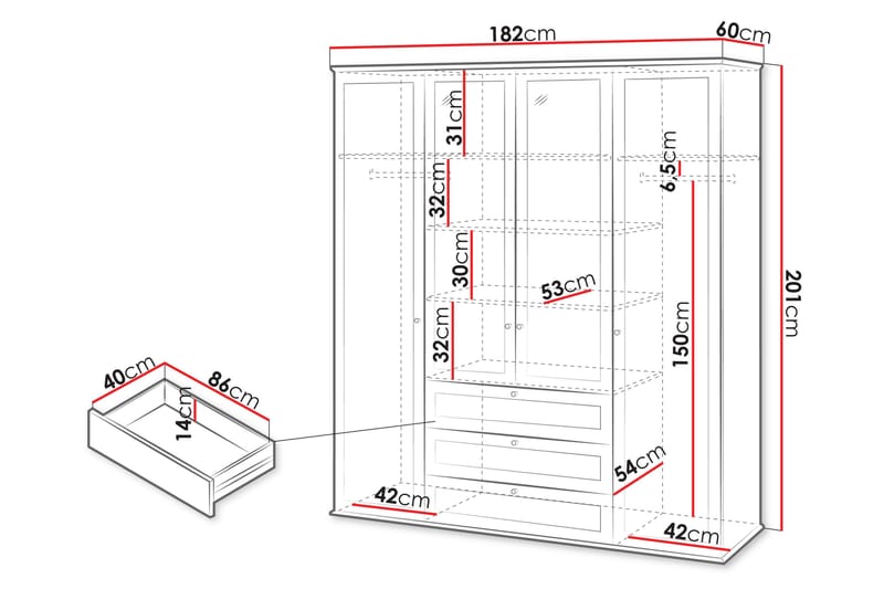 Garderobe med Speil Hammerdal 182 cm - Hvit/Eik - Oppbevaring - Garderober & garderobesystem