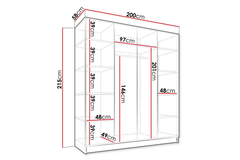 Garderobe med Speil Vadstena 200 cm - Hvit/Gull - Oppbevaring - Garderober & garderobesystem