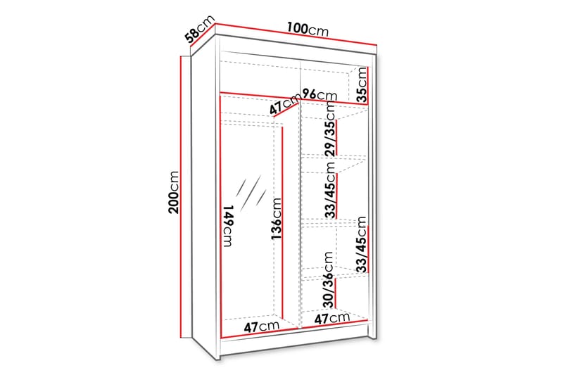 Garderobe med speil Veria 100x200 cm - Hvit - Oppbevaring - Garderober & garderobesystem