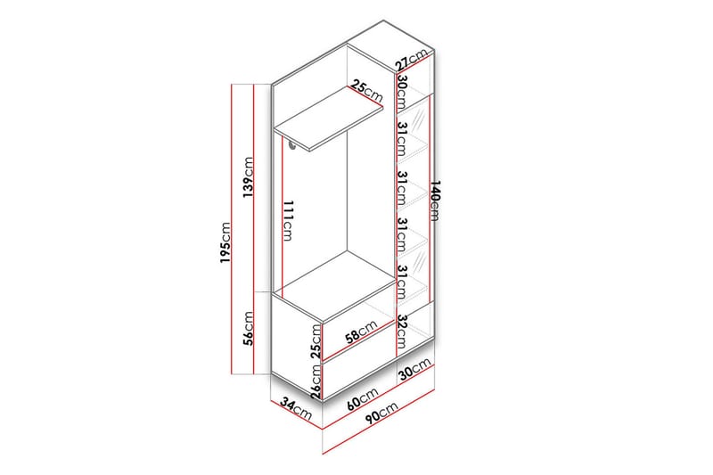 Garderobe Green 90x34x195 cm - Oppbevaring - Garderober & garderobesystem