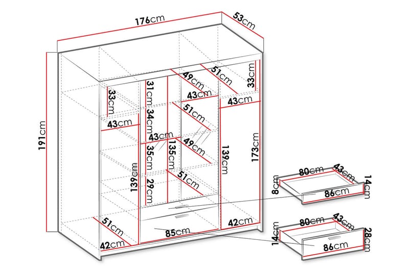 Garderobe med Speil Sveaborg 53x190x176,3 cm - Hvit - Oppbevaring - Garderober & garderobesystem