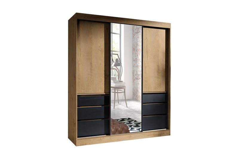 Garderobe med Speil Thiote 180x216x65 cm - Svart - Oppbevaring - Garderober & garderobesystem