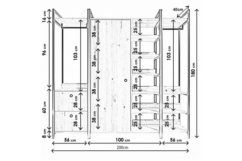 Garderobe Okan 200x40 cm - Natur / Svart - Oppbevaring - Garderober & garderobesystem