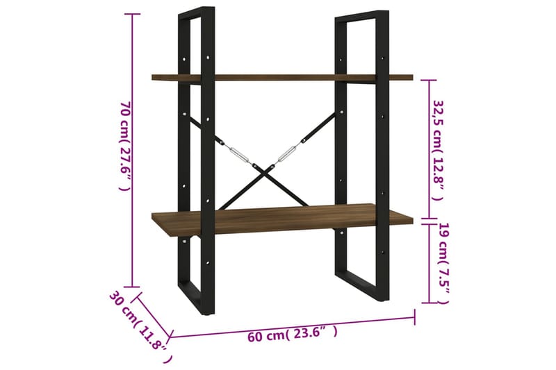 beBasic Bokhylle 2 etasjer brun eik 60x30x70 cm konstruert tre - Brun - Oppbevaring - Hylle - Bokhylle