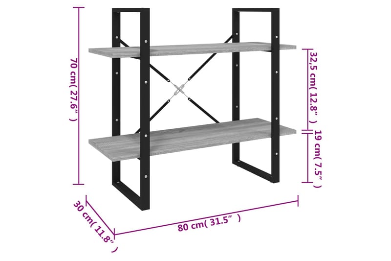 beBasic Bokhylle 2 etasjer grå sonoma 80x30x70 cm konstruert tre - GrÃ¥ - Oppbevaring - Hylle - Bokhylle