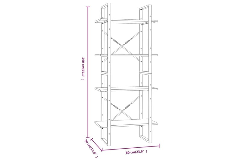 beBasic Bokhylle 4 etasjer brun eik 60x30x140 cm konstruert tre - Brun - Oppbevaring - Hylle - Bokhylle