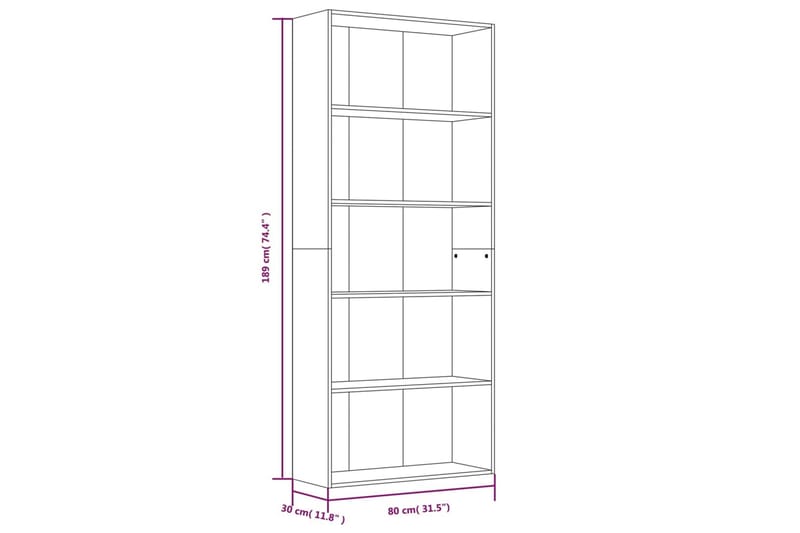 beBasic Bokhylle 5 etasjer brun eik 80x30x189 cm konstruert tre - Brun - Oppbevaring - Hylle - Bokhylle