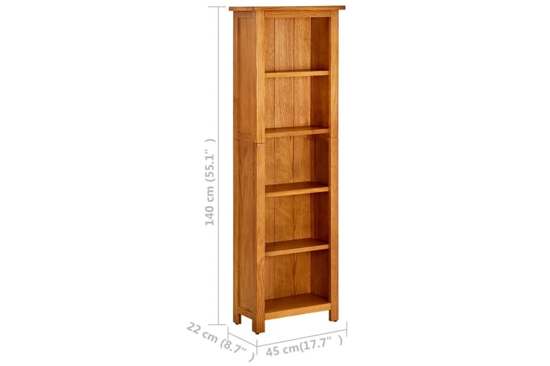 Bokhylle 5 etasjer 45x22x140 cm heltre eik - Brun - Oppbevaring - Hylle - Bokhylle