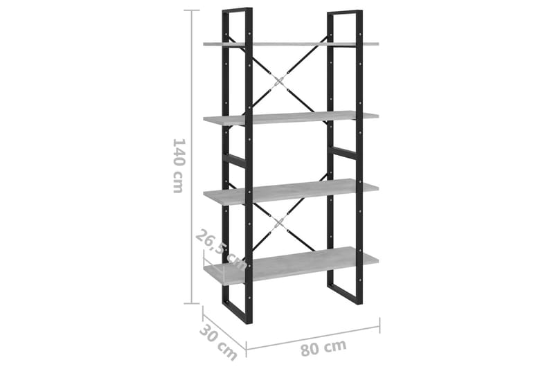 Bokhylle 4 nivåer betonggrå 80x30x140 cm sponplate - Grå - Oppbevaring - Hylle - Bokhylle