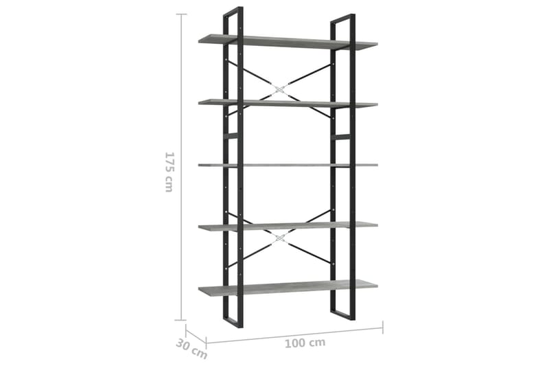 Bokhylle 5 nivåer betonggrå 100x30x175 cm sponplate - Grå - Oppbevaring - Hylle - Bokhylle