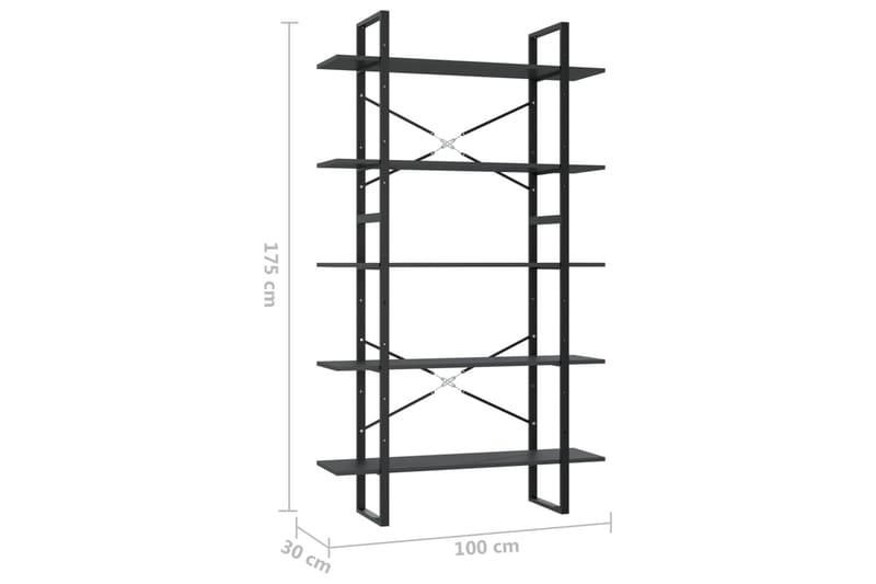 Bokhylle 5 nivåer grå 100x30x175 cm sponplate - Grå - Oppbevaring - Hylle - Bokhylle