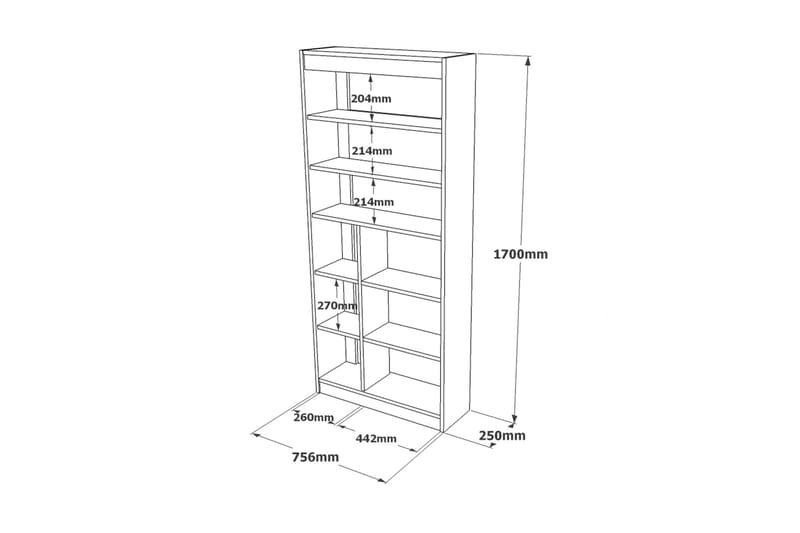 Bokhylle Troter 25x76 cm 9 Hyller - Natur/Hvit - Oppbevaring - Hylle - Bokhylle