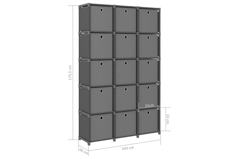 Displayhylle med 15 kuber og bokser grå 103x30x175,5cm stoff - Grå - Oppbevaring - Hylle - Hyllesystem