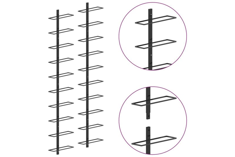 Veggmonterte vinstativer for 20 flasker 2 stk svart metall - Oppbevaring - Hylle - Oppbevaringshylle - Vinstativ & vinhylle