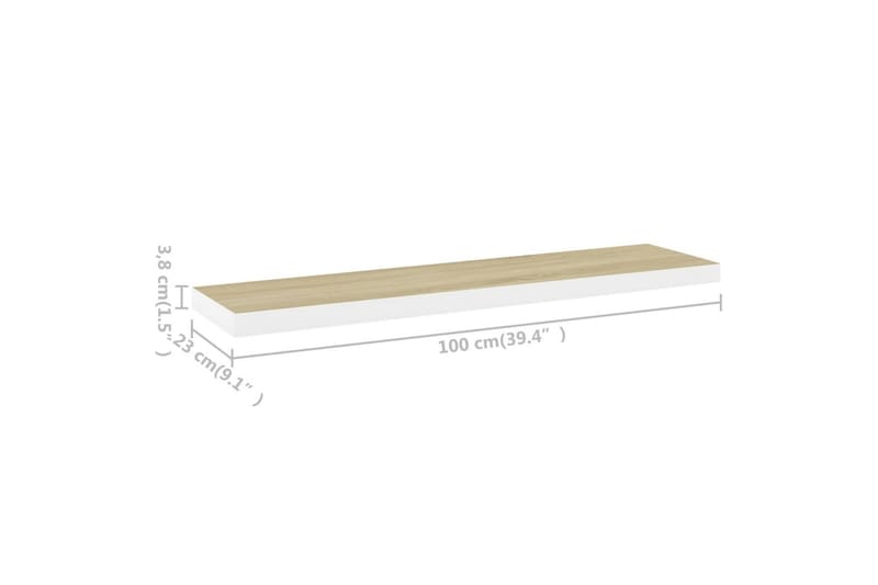 Flytende vegghyller 2 stk eik og hvit 100x23,5x3,8 cm MDF - Hvit - Oppbevaring - Hylle - Vegghylle