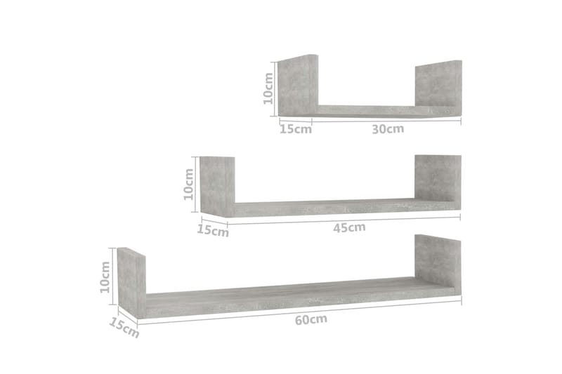 Vegghylle 3 stk betonggrå sponplate - Grå - Oppbevaring - Hylle - Vegghylle