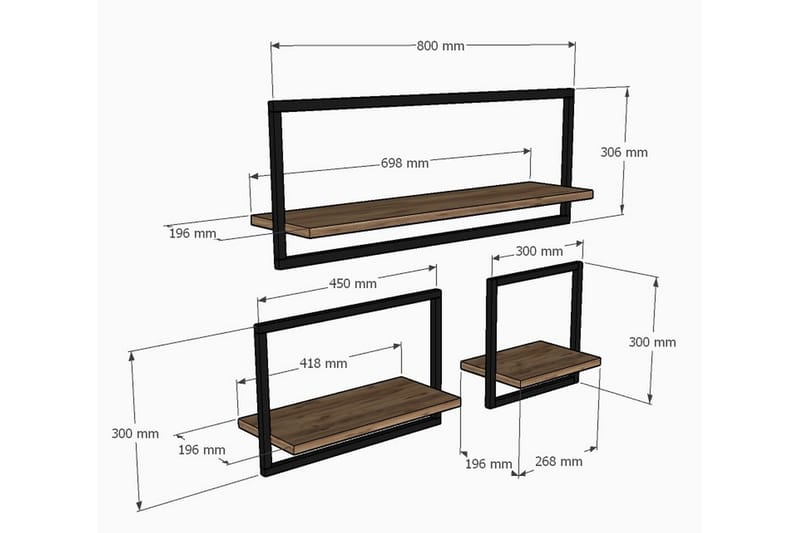 Vegghylle Yeso 80x20 cm 3 Hyller - Brun - Oppbevaring - Hylle - Vegghylle