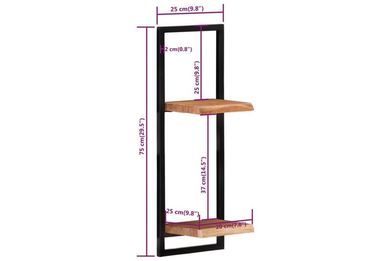 Vegghyller 2 stk 25x25x75 cm heltre akasie og stål - Brun - Oppbevaring - Hylle - Vegghylle