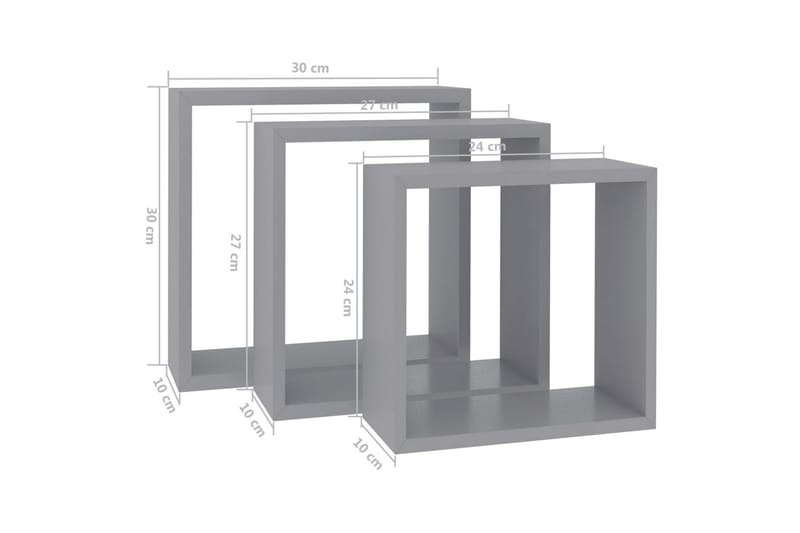 Vegghyller kubeformet 3 stk MDF grå - Grå - Oppbevaring - Hylle - Vegghylle