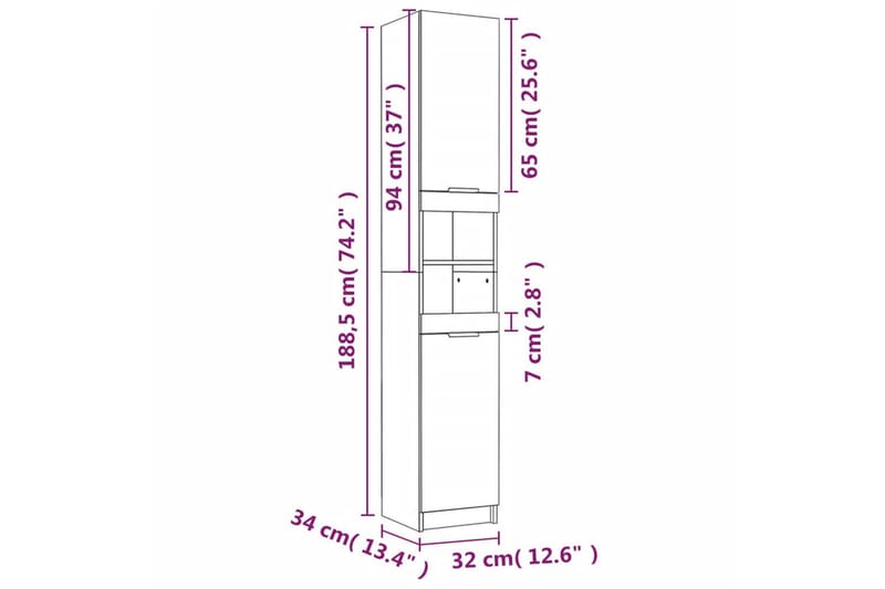 beBasic Baderomsskap brun eik 32x34x188,5 cm konstruert tre - Brun - Oppbevaring - Oppbevaring til baderom - Veggskap & høyskap