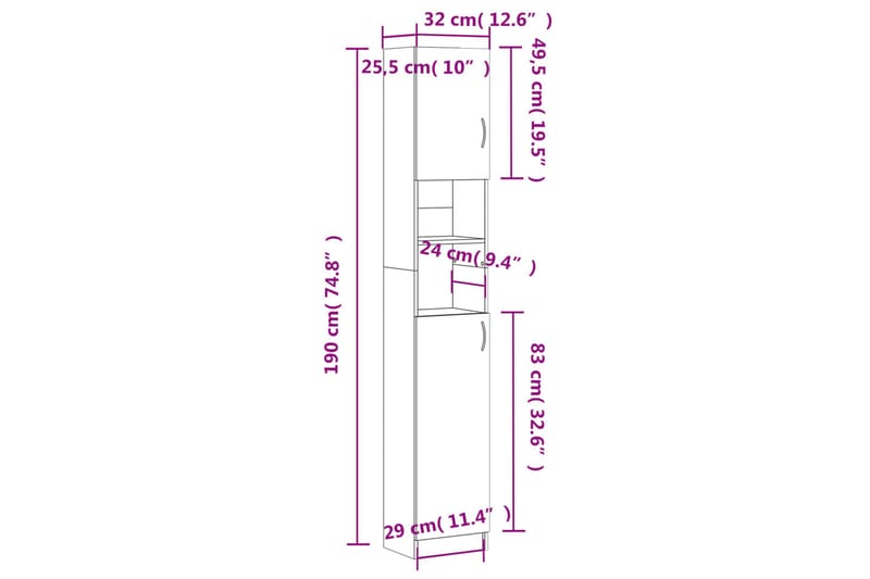 beBasic Baderomsskap grå sonoma eik 32x25,5x190 cm konstruert tre - GrÃ¥ - Oppbevaring - Oppbevaring til baderom - Veggskap & høyskap