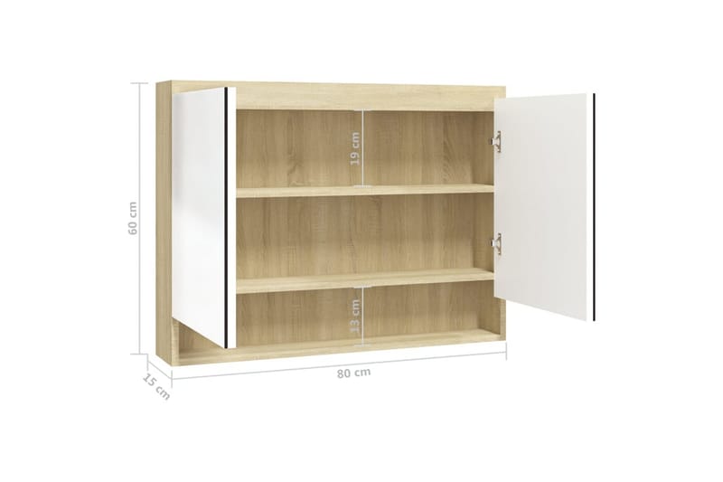 Speilskap til bad 80x15x60 cm MDF hvit og eik - Hvit - Oppbevaring - Oppbevaring til baderom - Speilskap