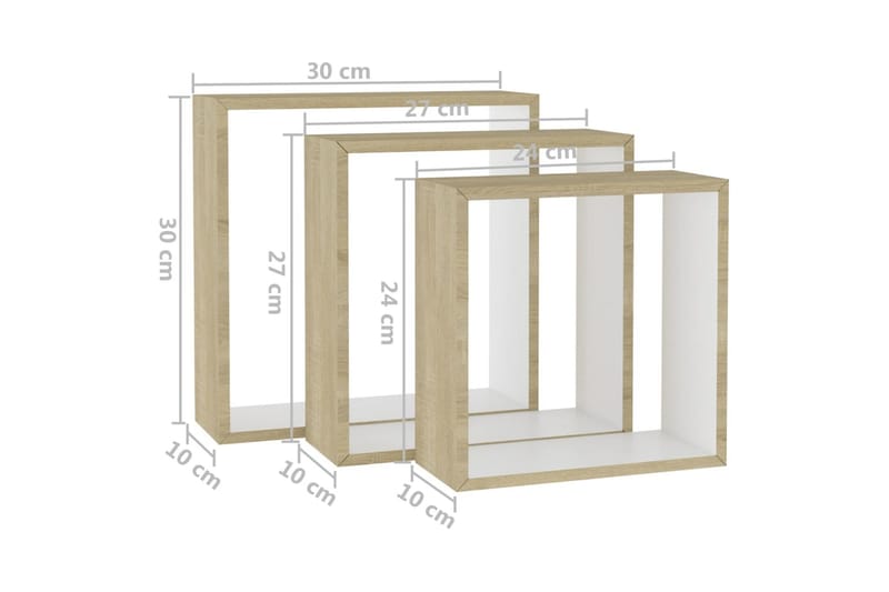 Vegghyller kubeformet 3 stk hvit og sonoma eik - Hvit - Oppbevaring - Hylle - Vegghylle