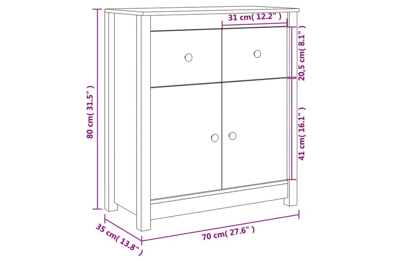 beBasic Skjenk 70x35x80 cm heltre furu - Brun - Oppbevaring - Oppbevaringsmøbler - Sideboard & skjenk