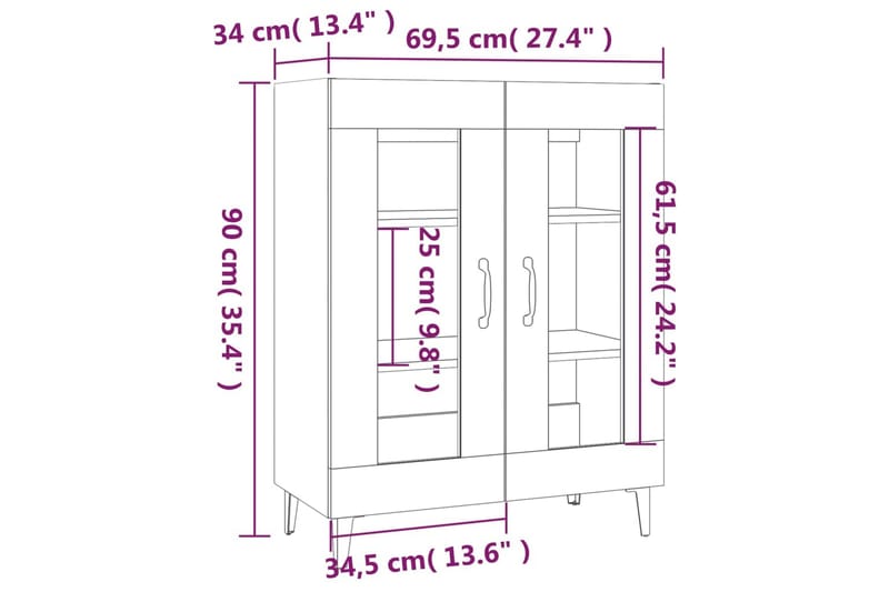 beBasic Skjenk brun eik 69,5x34x90 cm konstruert tre - Brun - Oppbevaring - Oppbevaringsmøbler - Sideboard & skjenk