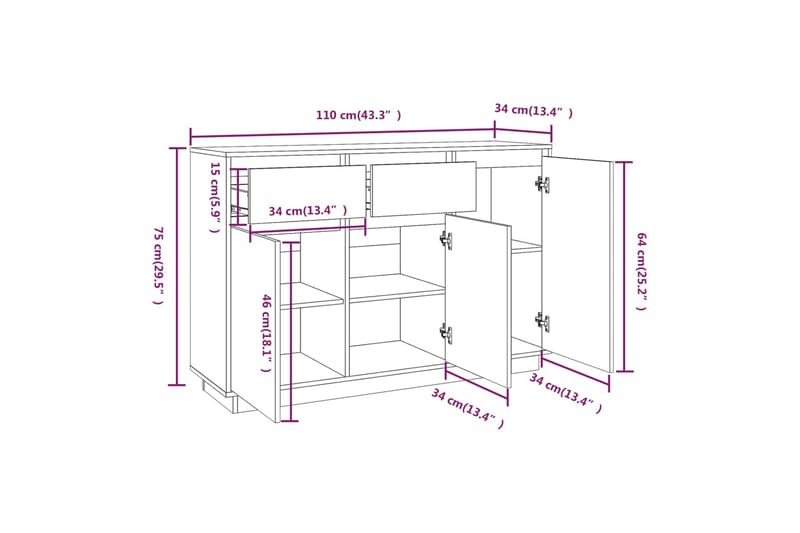 beBasic Skjenk hvit 110x34x75 cm heltre furu - Hvit - Oppbevaring - Oppbevaringsmøbler - Sideboard & skjenk