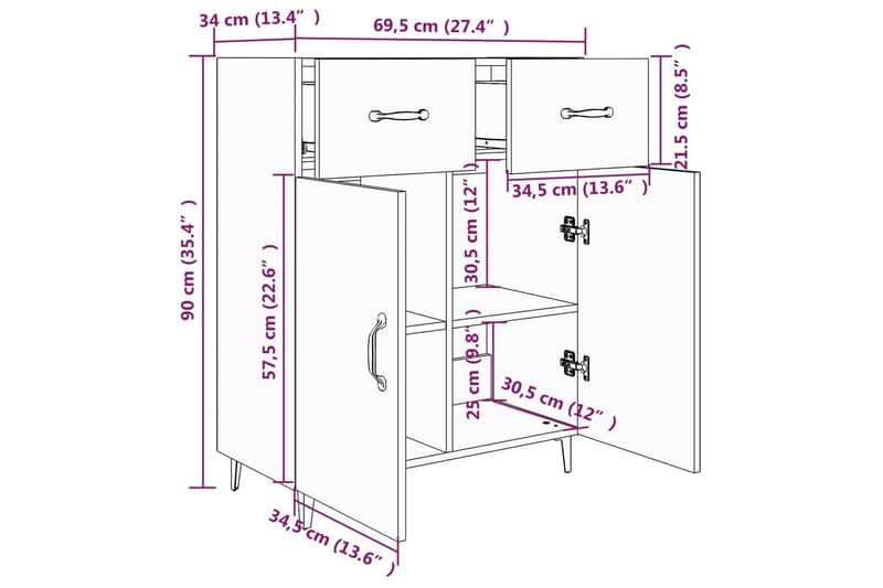 beBasic Skjenk svart 69,5x34x90 cm konstruert tre - Svart - Oppbevaring - Oppbevaringsmøbler - Sideboard & skjenk