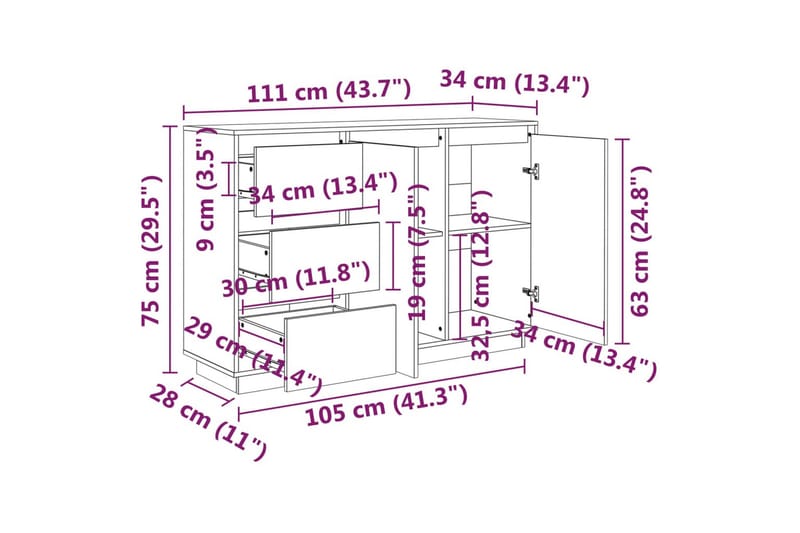 Skjenk 111x34x75 cm heltre furu - Brun - Oppbevaring - Oppbevaringsmøbler - Sideboard & skjenk